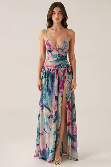 Robe formelle imprimée à bretelles spaghetti violettes